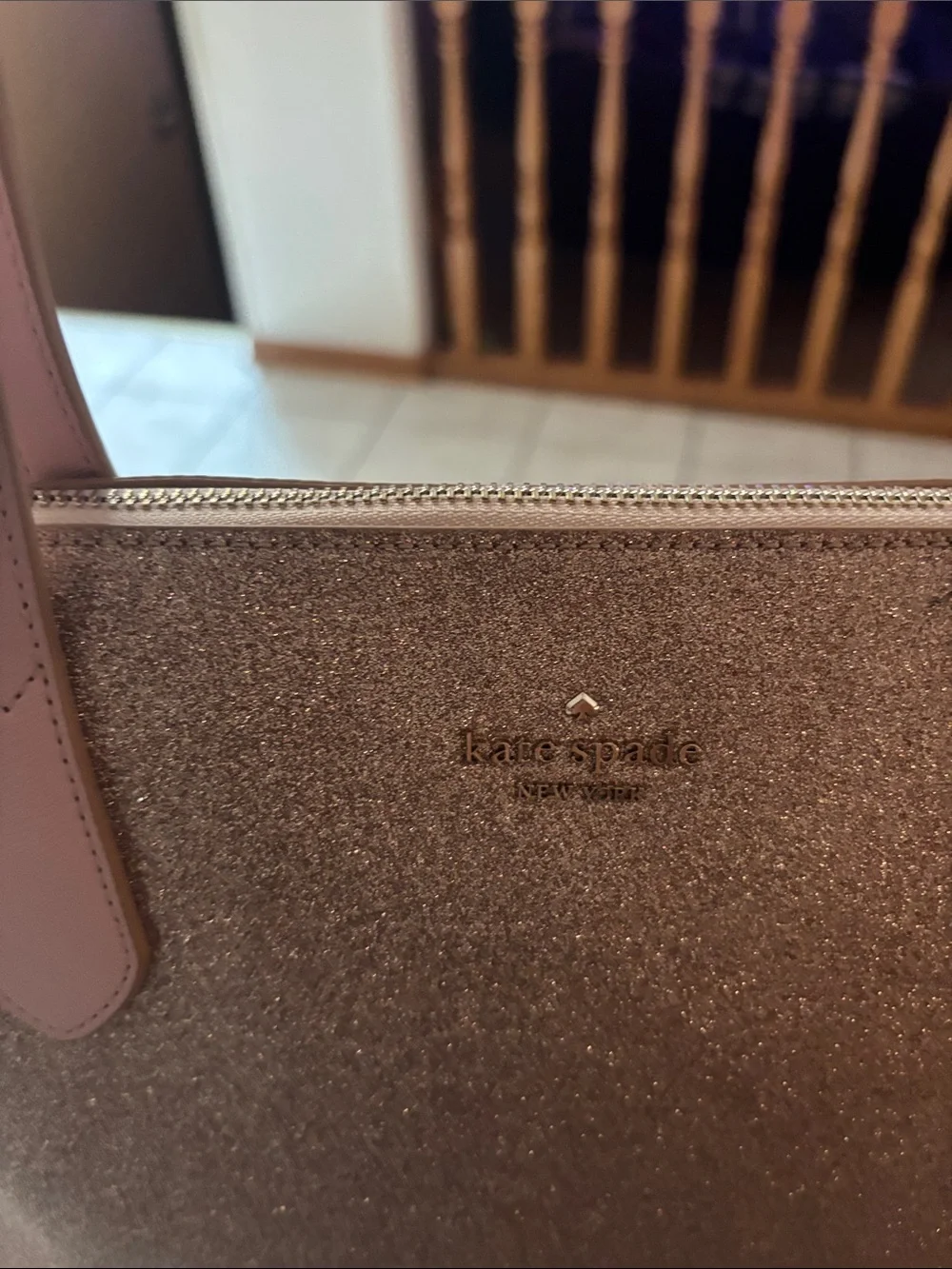 kate spade rose gold shimmer tote with blush straps